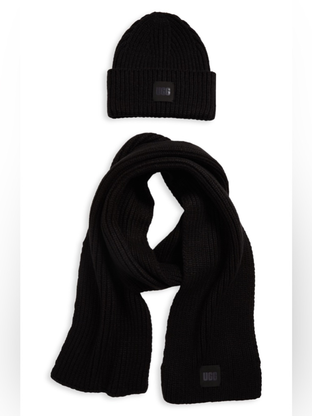 UGG Chunky Knit Beanie & Scarf Set Black One Size NWT